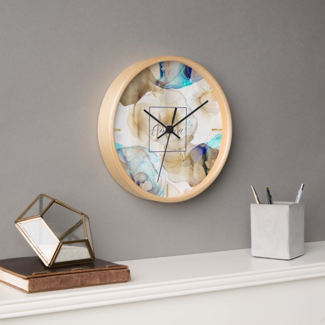 Horloge Peinture Abstraite d'art fluide en or bleu (Bureau)
