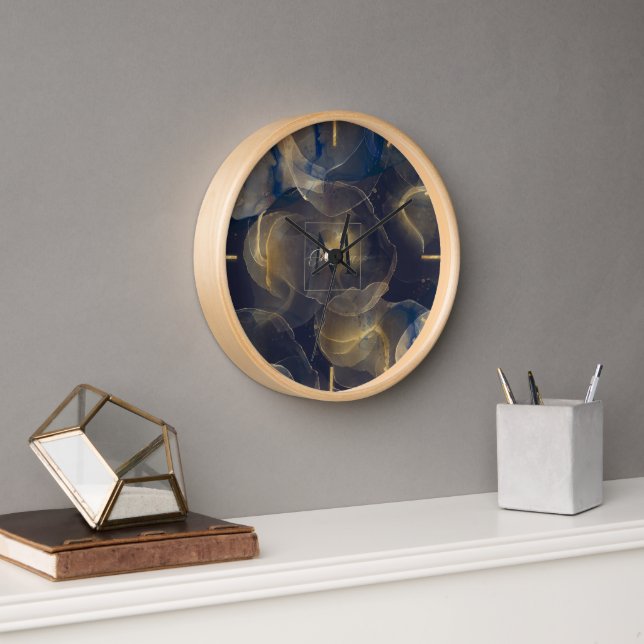 Horloge Peinture Abstraite en or noir Fluide (Bureau)
