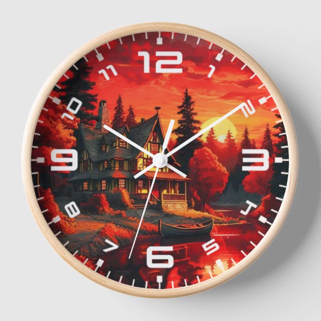 Horloge Peinture coucher de soleil avec chalet et lac-6663 (Recto)