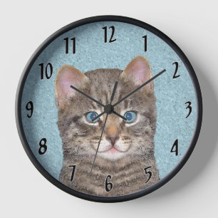 Horloge Peinture de chat tigré gris - Art original de chat