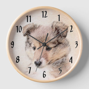 Horloge Peinture originale de chiot Shetland Sheepdog, Art