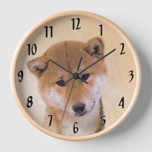 Horloge Peinture Shiba Inu (Rouge) - Art Chien original
