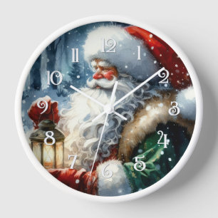 Horloge Père Noël aquarelle Noël Forêt enneigée