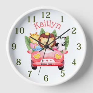 Horloge Personnalisé Nom Jungle Safari Animaux Rose Blanc 