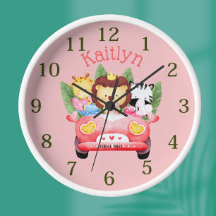 Horloge Personnalisé Nom Jungle Safari Animaux Rose Horlog