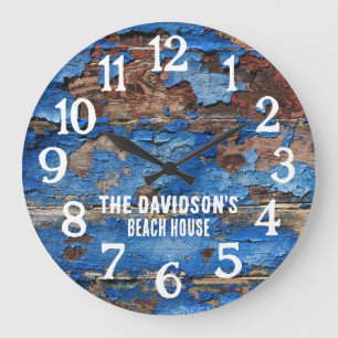Horloge personnalisée en bois rustique bleu et mar
