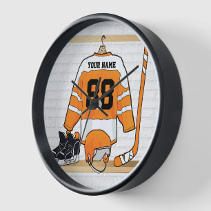Horloge Personnalized orange et blanc hockey Jersey