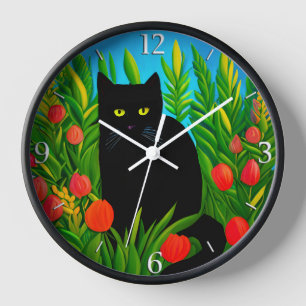 Horloge Petit chat noir dans un jardin de tulipes