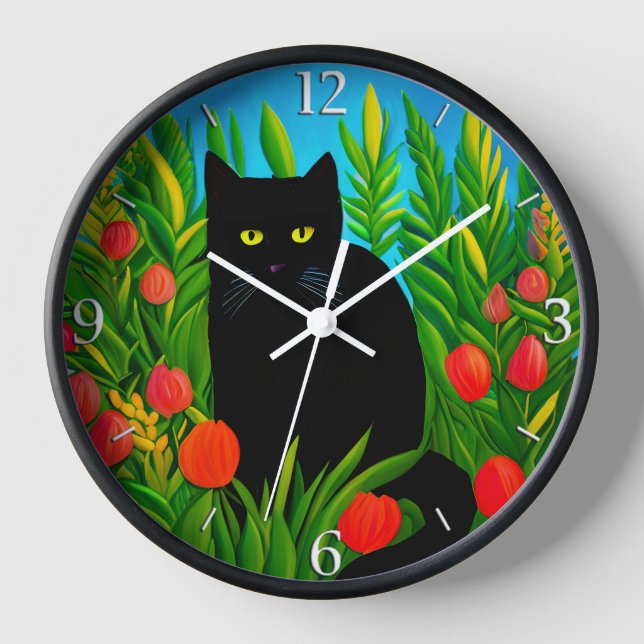Horloge Petit chat noir dans un jardin de tulipes (Recto)