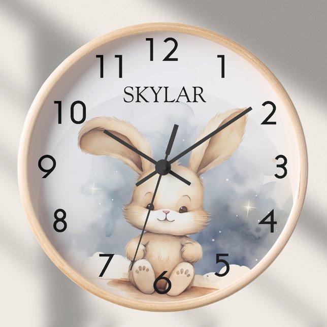 Horloge Petit lapin bleu ciel beige boho pépinière (Créateur téléchargé)
