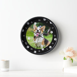 Horloge Photo de Chien à cadre noir Empreintes de pattes b