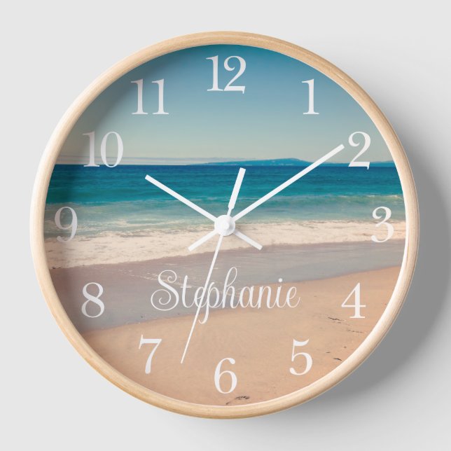 Horloge Photo de plage personnalisée et texte (Recto)