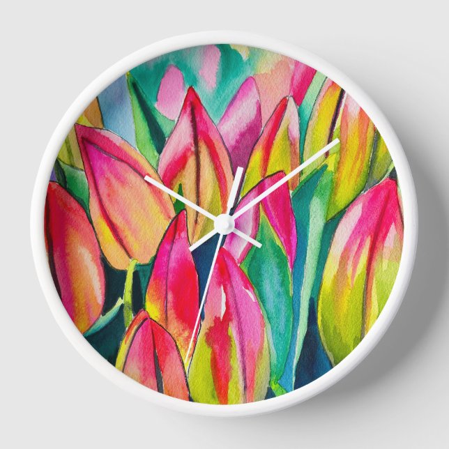 Horloge Pink aquarelle tulipe art (Recto)