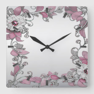 Horloge Pink Argent Blanc Floral Mur