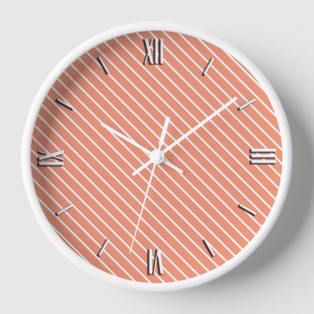 Horloge Pinstripes diagonales - corail orange et blanc (Recto)