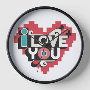 Horloge Pixel Heart Je t'aime Rétro Typographie
