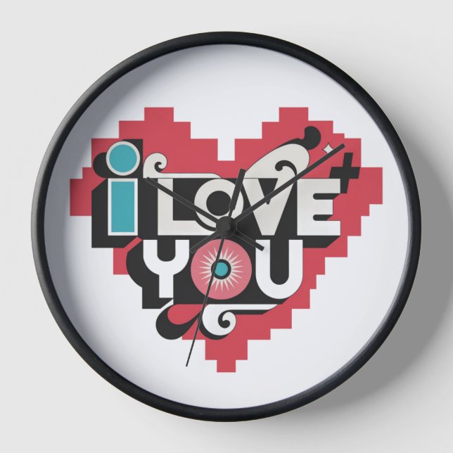 Horloge Pixel Heart Je t'aime Rétro Typographie (Recto)