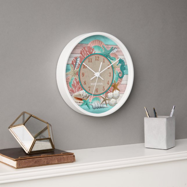 Horloge Plage et coquillages Turquoises et coralliens pers (Bureau)