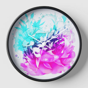 Horloge Poisson Koi en rose et bleu