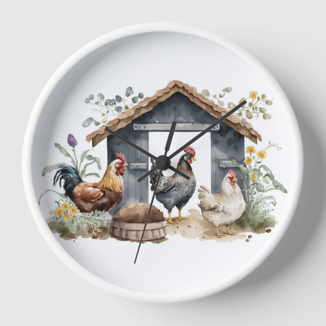 Horloge Poulets d'aquarelle en coop (Recto)