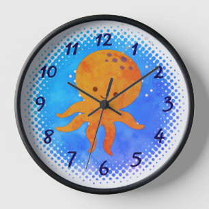 Horloge Poulpe mignon dessin animé fond aquarelle