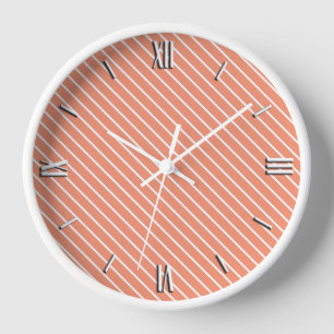 Horloge Rayures diagonales - orange corail et blanc
