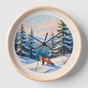 Horloge Renard rouge élégant à l'aquarelle dans la neige h