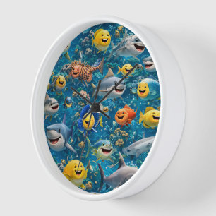 Horloge Requins souriants et amis sous l'eau mur rond c