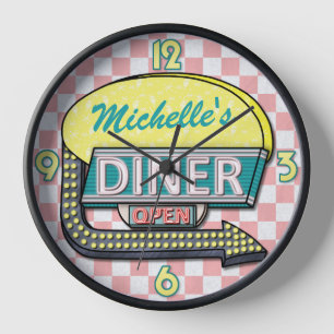 Horloge Retro 50's Diner Signer rose Turquoise Nom personn