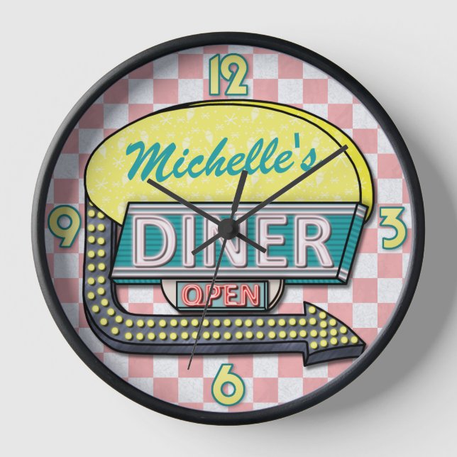Horloge Retro 50's Diner Signer rose Turquoise Nom personn (Recto)