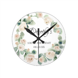 Horloge Ronde 100e anniversaire Rose blanche Floral Eucalyptus c