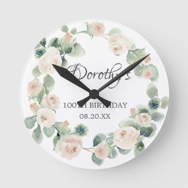 Horloge Ronde 100e anniversaire Rose blanche Floral Eucalyptus c (Recto)