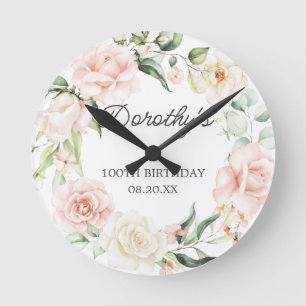 Horloge Ronde 100e anniversaire Rose rose Floral Eucalyptus cour