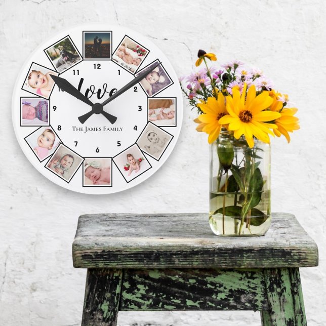 Horloge Ronde 12 Photo Collage Personalized Black White (Créateur téléchargé)