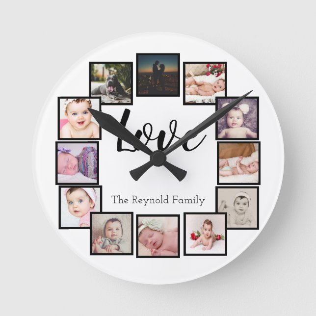 Horloge Ronde 12 Photo Collage Personalized Black White (Recto)
