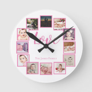 Horloge Ronde 12 Photo Collage personnalisé rose blanc