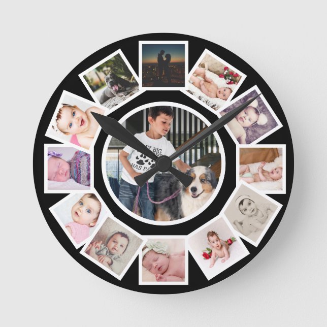 Horloge Ronde 13 Photo Collage Personalized Black White (Recto)