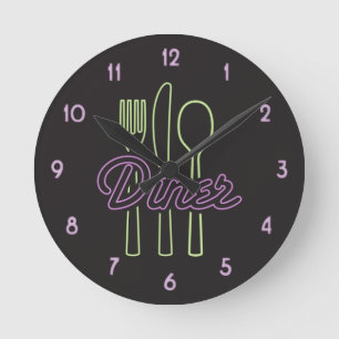 Horloge Ronde 1950 Neon Diner Green, purple silverware