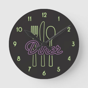 Horloge Ronde 1950 Neon Diner Green, purple silverware