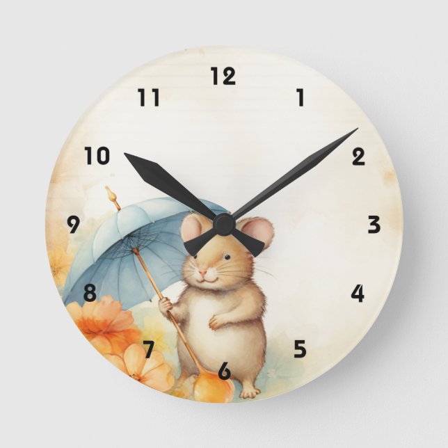 Horloge Ronde 1 Souris avec parapluie bleu orange fleurs roses (Recto)