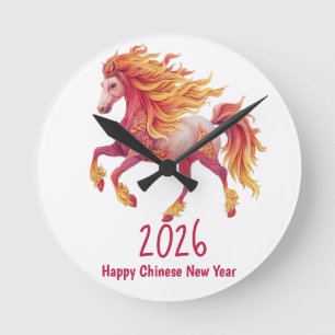 Horloge Ronde 2026 Cheval de Feu – Bonne Année Chinoise