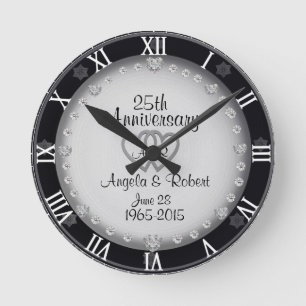 Horloge Ronde 25e anniversaire Mariage d'argent Monogramme