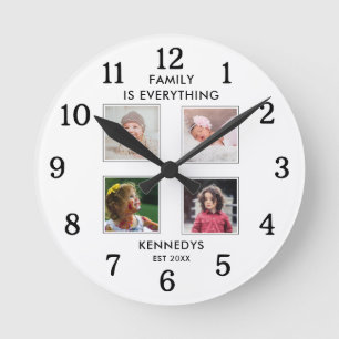 Horloge Ronde 4 Collage Photo Nom de Famille Citation Noir et Bl