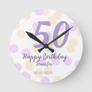Horloge Ronde 50e anniversaire ajouter nom date violet orange po
