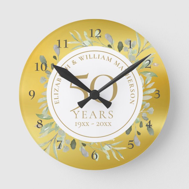 Horloge Ronde 50e anniversaire de mariage verdure feuille d’or (Recto)
