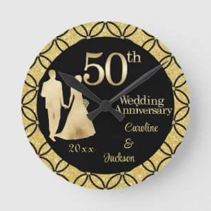 Horloge Ronde 50e Couple d'or Parties scintillant Mariage Annive