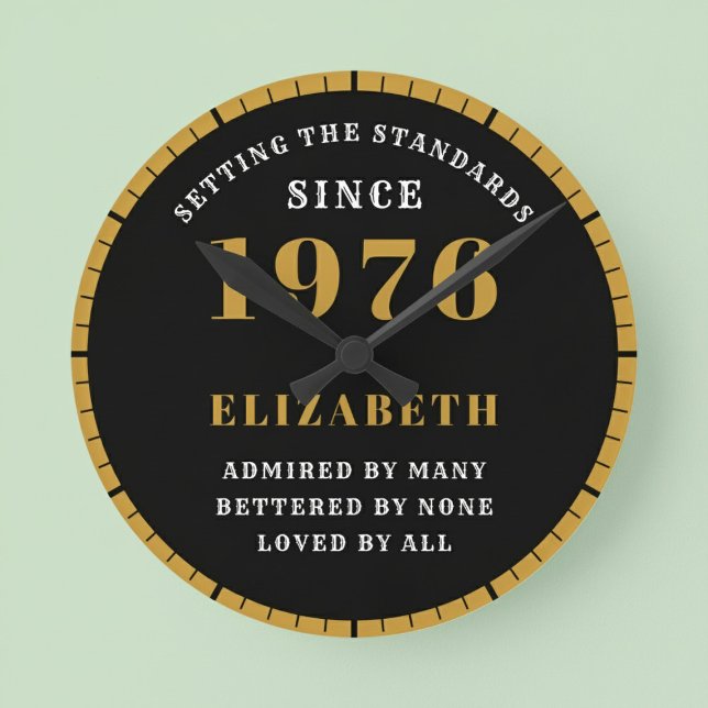 Horloge Ronde 50th Birthday Born 1976 Black Gold (Born 1976 standards birthday clock. Pastel background.)