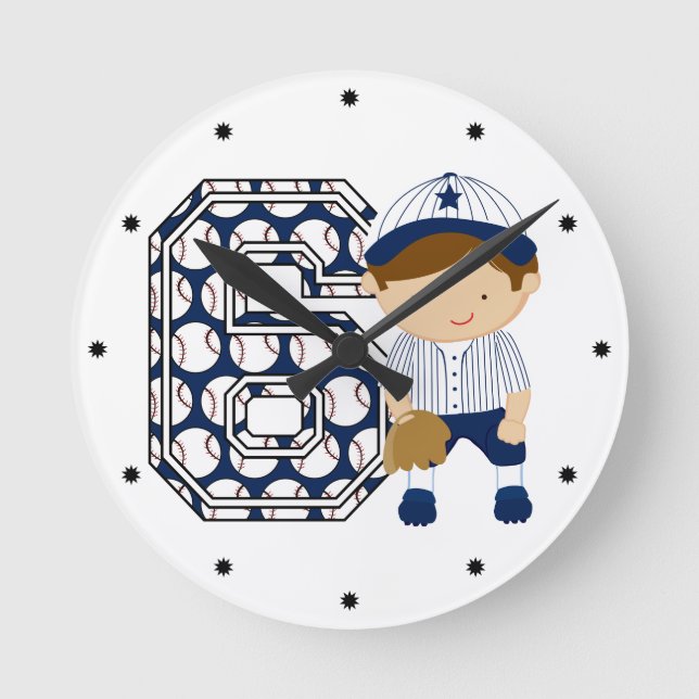 Horloge Ronde 6e Anniversaire de baseball Catcher Bleu et Blanc (Recto)