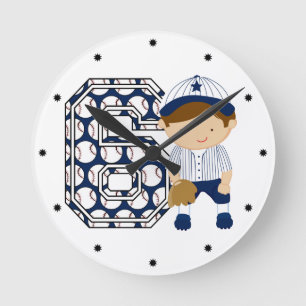 Horloge Ronde 6ème Bleu et blanc de receveur de base-ball