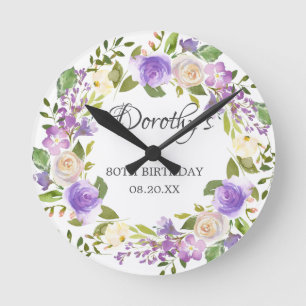 Horloge Ronde 80e anniversaire de Rustic Purple Floral Round Clo